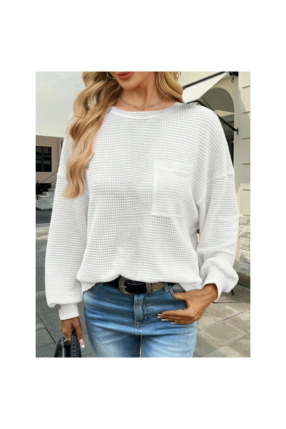 Women’s Long Sleeve Crewneck Waffle Knit Top, Business Casual Shirt, Basic Blouse