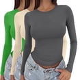 thumbnail image 1 of Women's Long Sleeve Crop Top 3-Pack, Slim Fit Basic Tee, Solid Color Round Neck Layering Shirt for Streetwear, Daily Casual Wear and Y2K Fashion Outfits AA L, 1 of 7