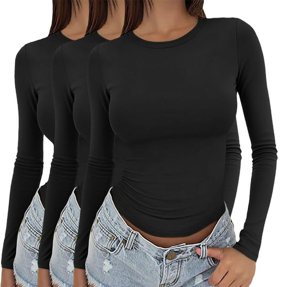 Women's Long Sleeve Crop Top 3-Pack, Slim Fit Basic Tee, Solid Color Round Neck Layering Shirt for Streetwear, Daily Casual Wear and Y2K Fashion Outfits V L