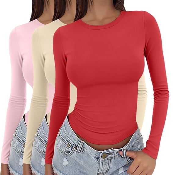 Women's Long Sleeve Crop Top 3-Pack, Slim Fit Basic Tee, Solid Color Round Neck Layering Shirt for Streetwear, Daily Casual Wear and Y2K Fashion Outfits X L