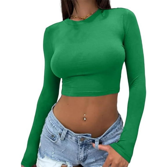 Women's Long Sleeve Crop Top Crew Neck Basic Fitted Tight Cropped T Shirts Green S