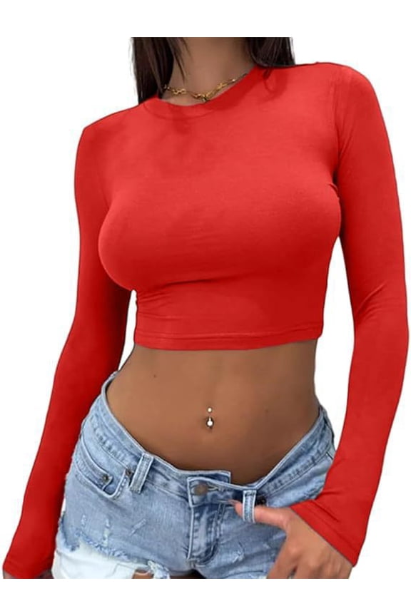 Women's Long Sleeve Crop Top Crew Neck Basic Fitted Tight Cropped T Shirts Red M