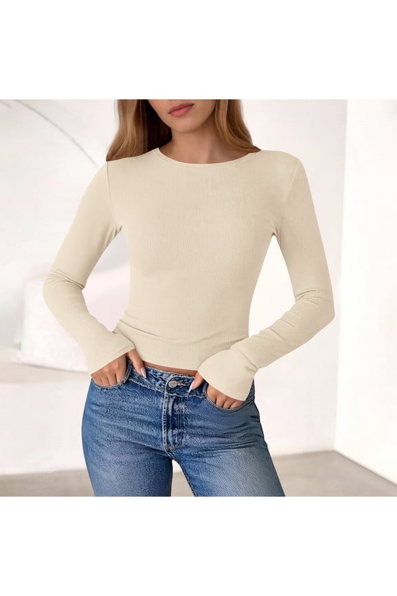 Women's Long Sleeve Crop Top Ribbed Knit Slim Fit Crew Neck Lightweight Stretchy Casual Top