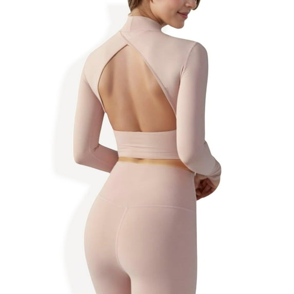Women's Long Sleeve Crop Top with Open Back and High Neck - Large, Pink