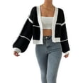 thumbnail image 1 of Women's Long Sleeve Cropped Cardigan, Contrast Color V-Neck Loose Open Front Knit Sweater Kimono Coat, 1 of 7