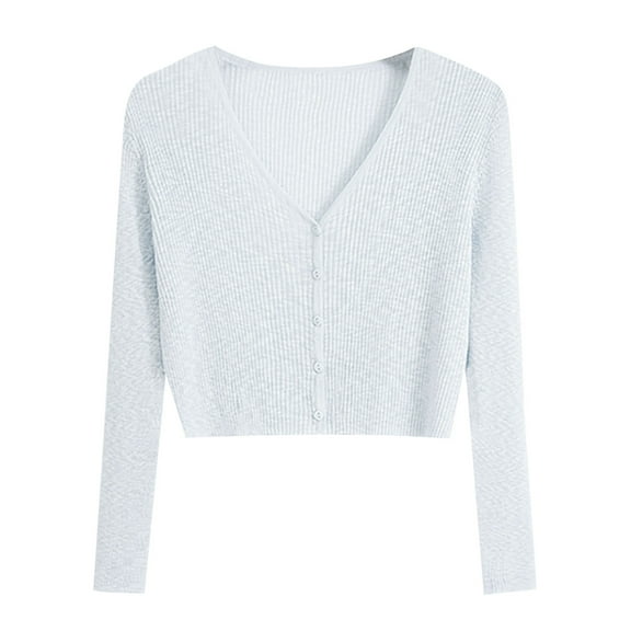 Women's Long Sleeve Cropped Cardigan Sweater, Teens Knit V Neck Button Front Casual Blouse Tops Button up Shirt Lady Gray One Size