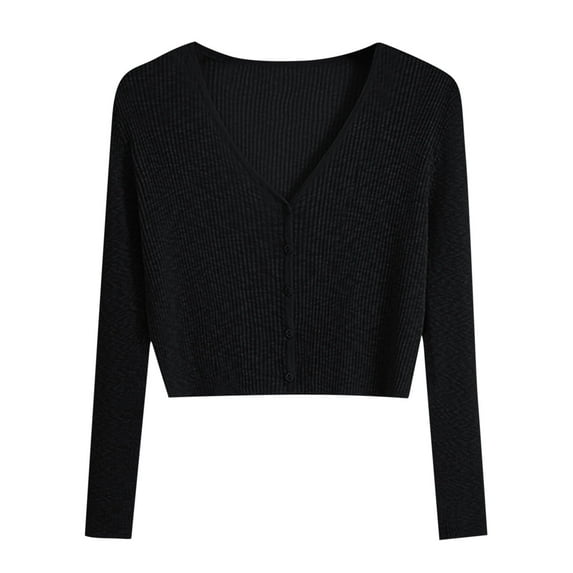 Women's Long Sleeve Cropped Cardigan Sweater, Teens Knit V Neck Button Front Casual Blouse Tops Graphic Tshirts Black One Size