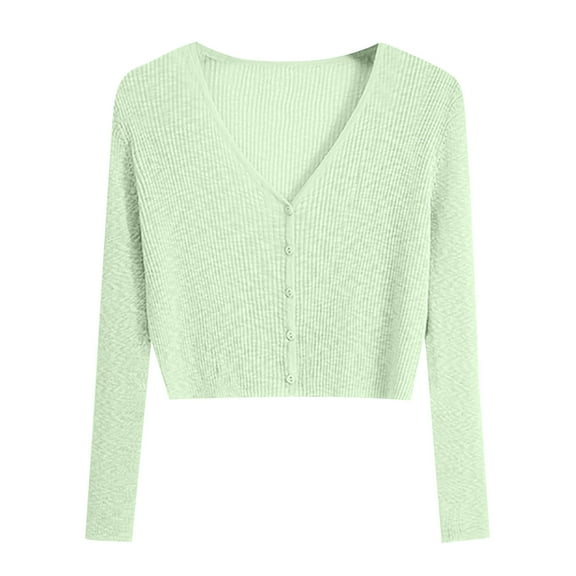 Women's Long Sleeve Cropped Cardigan Sweater, Teens Knit V Neck Button Front Casual Blouse Tops Long Sleeve Blouses for Lady Green One Size