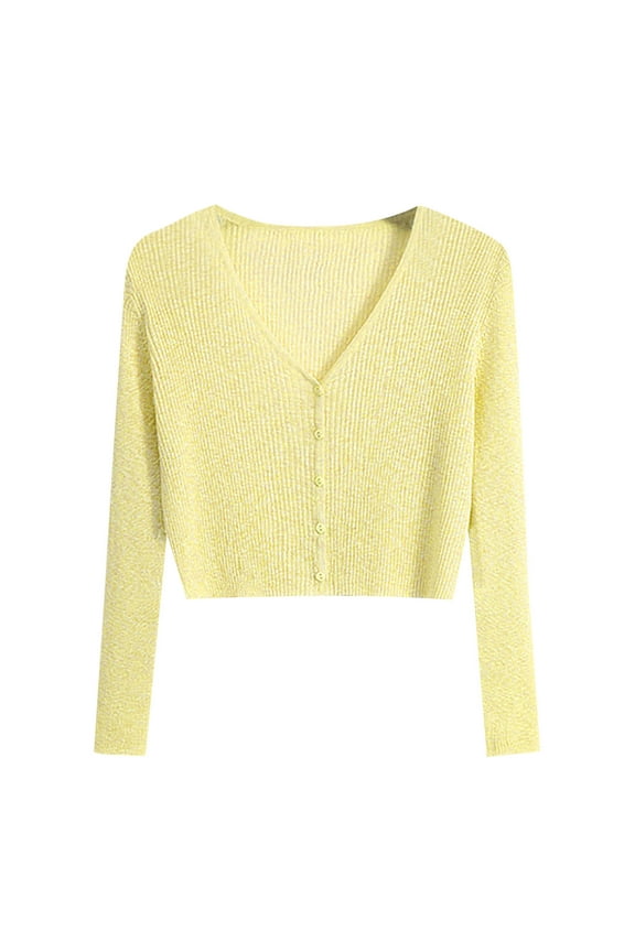 Women's Long Sleeve Cropped Cardigan Sweater, Teens Knit V Neck Button Front Casual Blouse Tops Off the Shoulder Sweatshirt Yellow One Size