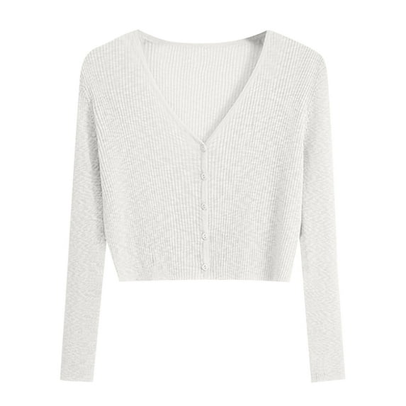 Women's Long Sleeve Cropped Cardigan Sweater, Teens Knit V Neck Button Front Casual Blouse Tops Oversized T-Shirts for Lady White One Size
