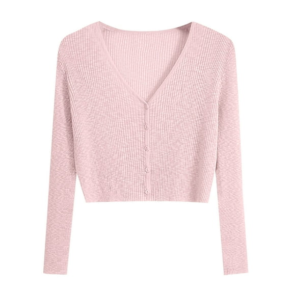 Women's Long Sleeve Cropped Cardigan Sweater, Teens Knit V Neck Button Front Casual Blouse Tops Plus Size Shirts One Size