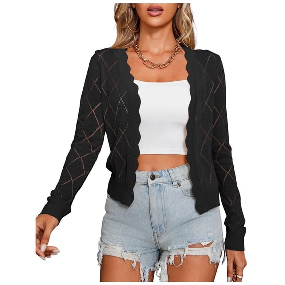Women's Long Sleeve Cropped Cardigan Sweaters Open Front Hollow Out Shrugs Black L
