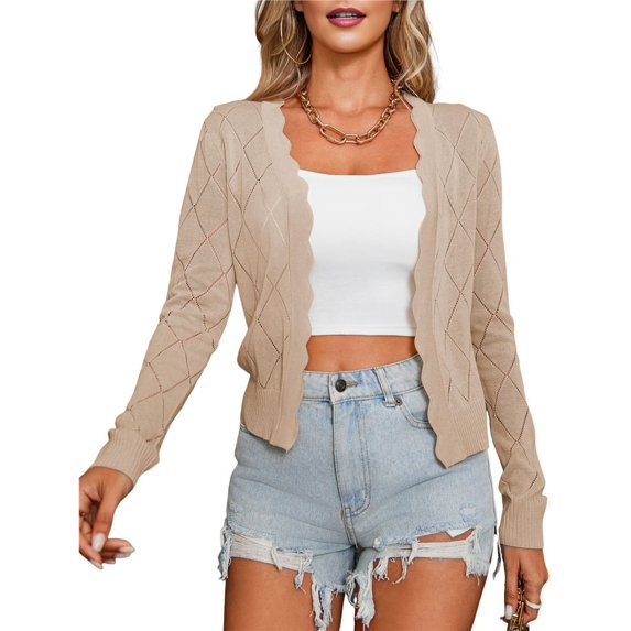 Women's Long Sleeve Cropped Cardigan Sweaters Open Front Hollow Out Shrugs M