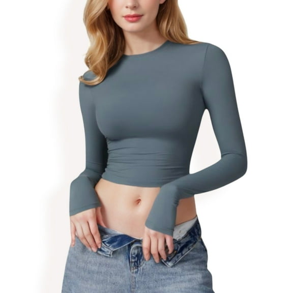 Women's Long Sleeve Cropped Crew Neck Top - Medium, Blue