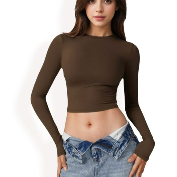 Women's Long Sleeve Cropped Crew Neck Top - Medium, Brown