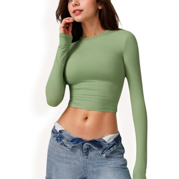 Women's Long Sleeve Cropped Crew Neck Top - Small, Green
