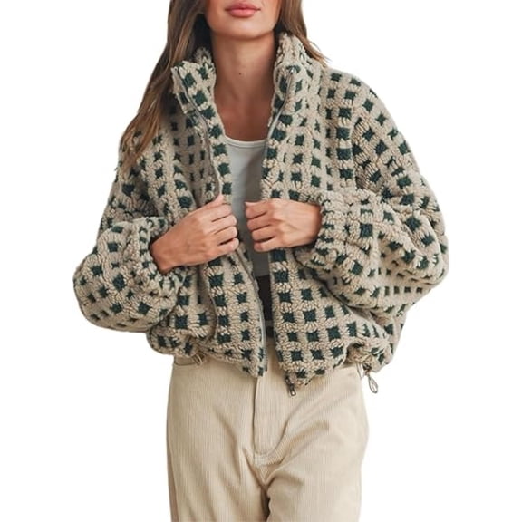Women's Long Sleeve Cropped Sherpa Fleece Plaid Jacket, Casual Chunky Teddy Fleece Outerwear