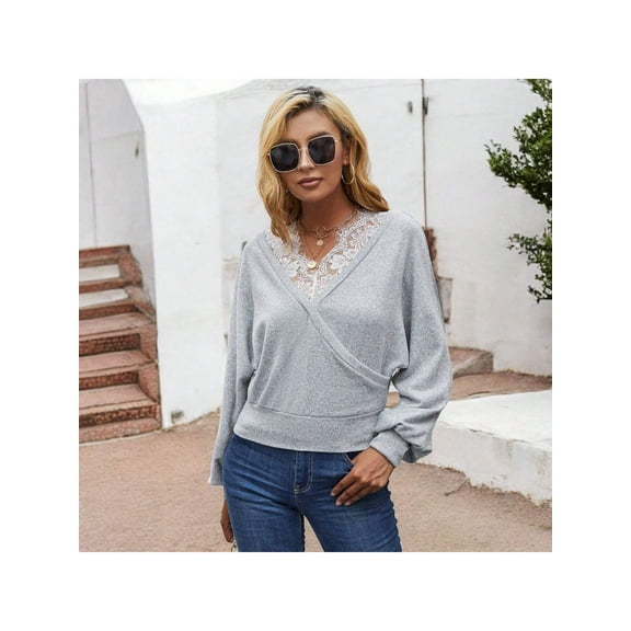 Women's Long Sleeve Cross Wrap Top with Lace Trim Detail- Small, Gray