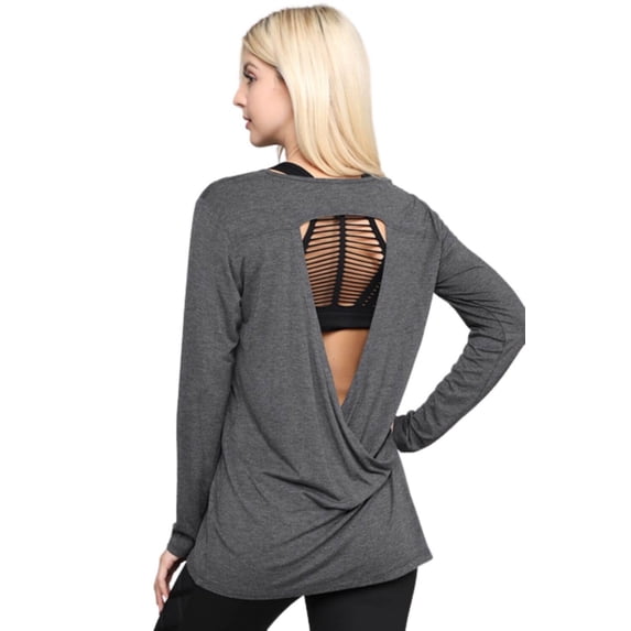 Women's Long Sleeve Cut-Out Back At leisure Top, HEATHER CHARCOAL, M