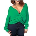 thumbnail image 1 of Women's Long Sleeve Deep V Neck Twist Front Solid Color Casual Trendy Crop Knitted Pullover Sweater Jumper Tops, 1 of 7