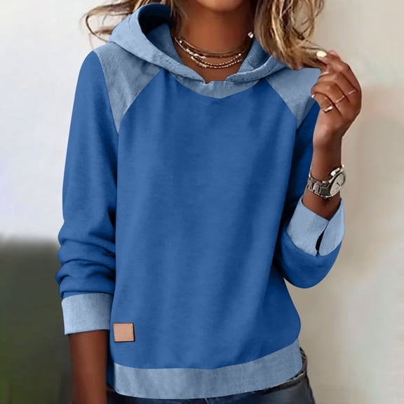 Women's Long Sleeve Denim Patchwork Pullover Top with Stitching Detail for Casual Style