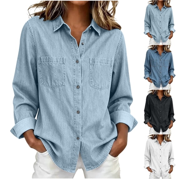 Women's Long Sleeve Denim Shirt Washed Loose Fitting Button up Blouse Jean Jacket for Office Daily Casual Streetwear Light Blue S