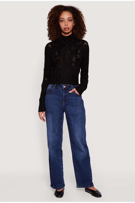 Women's Long Sleeve Distressed Turtleneck Sweater