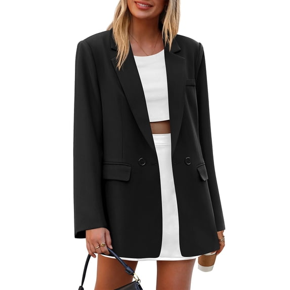 Women’s Long Sleeve Double Breasted Blazer Jacket with Notched Lapel and Pockets for Office Casual Wear Black L