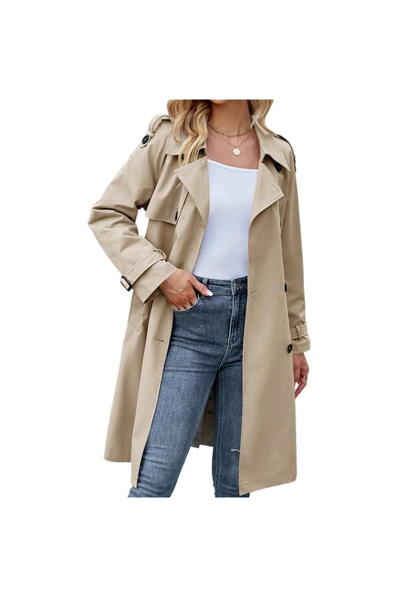 Double Breasted Spring Fall Women Solid Color Lapel Long Casual Trench Coat