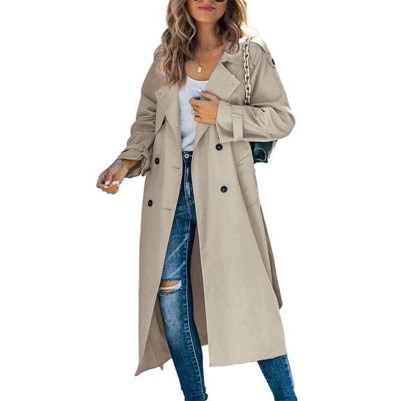 Double Breasted Spring Fall Women Solid Color Lapel Long Casual Trench Coat