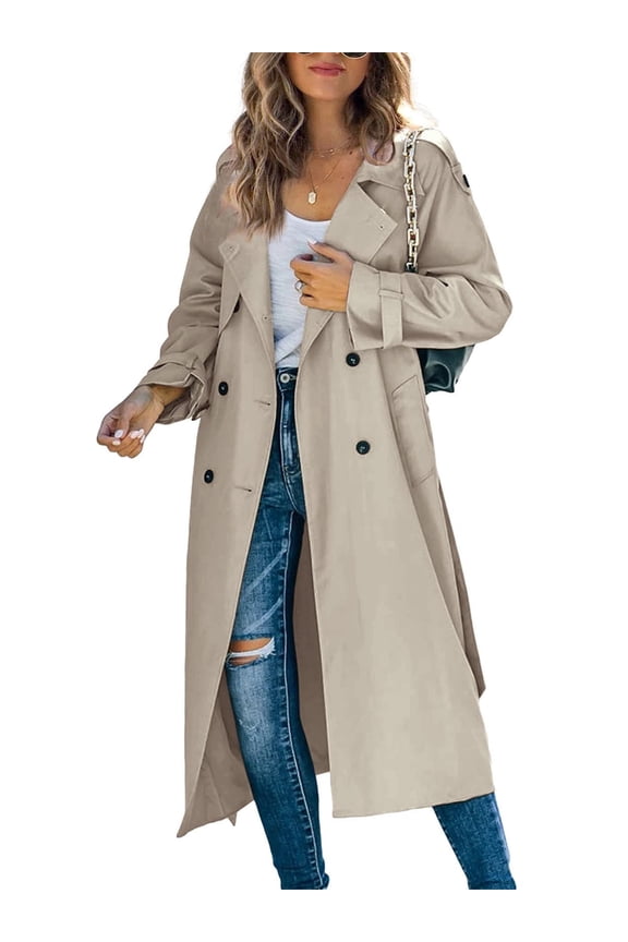 Double Breasted Spring Fall Women Solid Color Lapel Long Casual Trench Coat