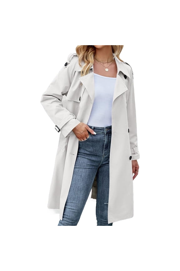 Double Breasted Spring Fall Women Solid Color Lapel Long Casual Trench Coat