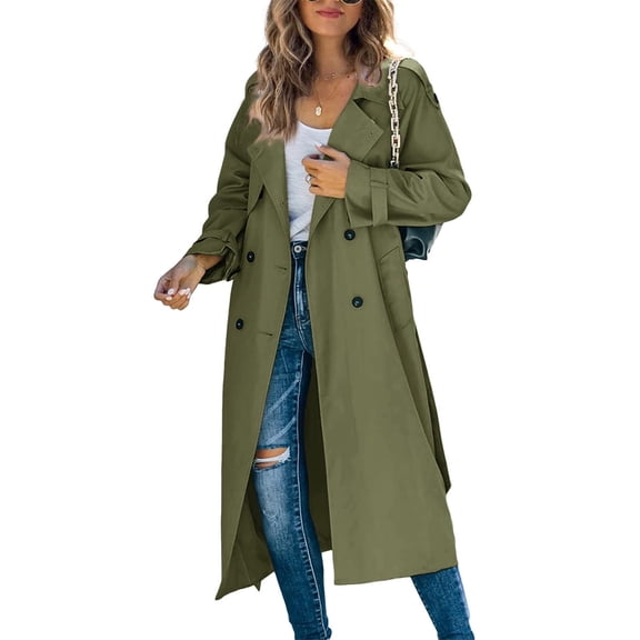 Double Breasted Spring Fall Women Solid Color Lapel Long Casual Trench Coat