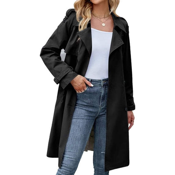 Double Breasted Spring Fall Women Solid Color Lapel Long Casual Trench Coat