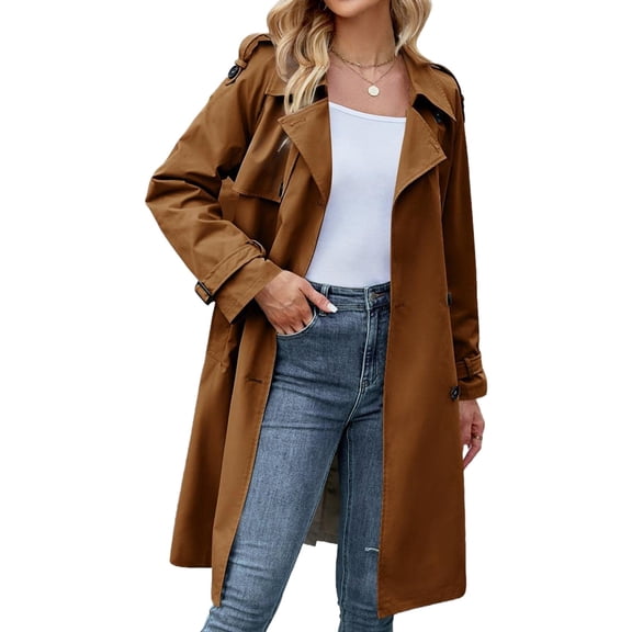 Double Breasted Spring Fall Women Solid Color Lapel Long Casual Trench Coat
