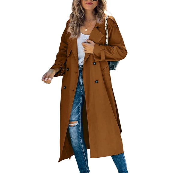 Double Breasted Spring Fall Women Solid Color Lapel Long Casual Trench Coat