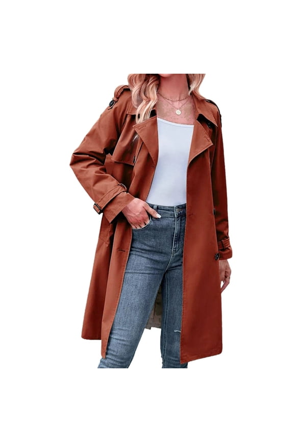 Double Breasted Spring Fall Women Solid Color Lapel Long Casual Trench Coat