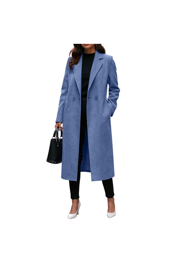 Women’s Long Sleeve Double Breasted Notched Lapel Wool Blend Overcoat with Classic Tailored Fit for Office and Casual Wear Blue L