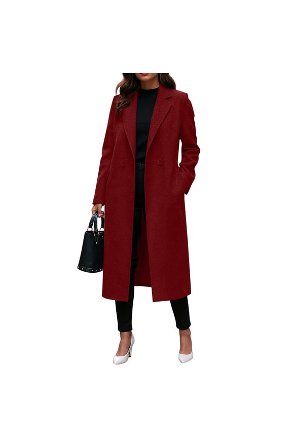 Women’s Long Sleeve Double Breasted Notched Lapel Wool Blend Overcoat with Classic Tailored Fit for Office and Casual Wear Wine M