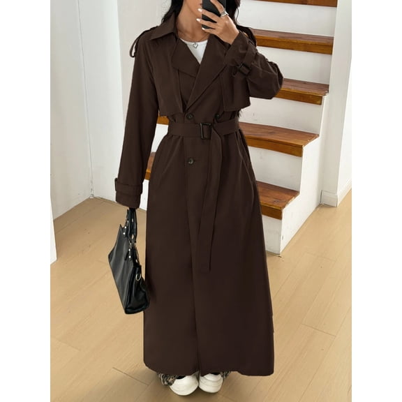 Women's Long Sleeve Double Breasted Trench Coat Collared Belted Outerwear for Work and Daily Wear