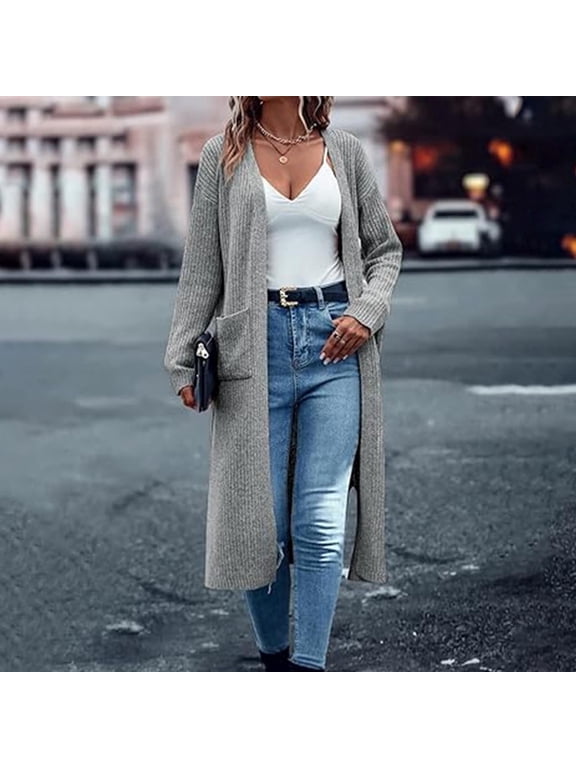 Women's Long Sleeve Double Pocket Knitted Cardigan Sweater | Casual Open-Front Acrylic Blouse for Home Lounging, Weekend Errands, or Coffee Shop Relaxing