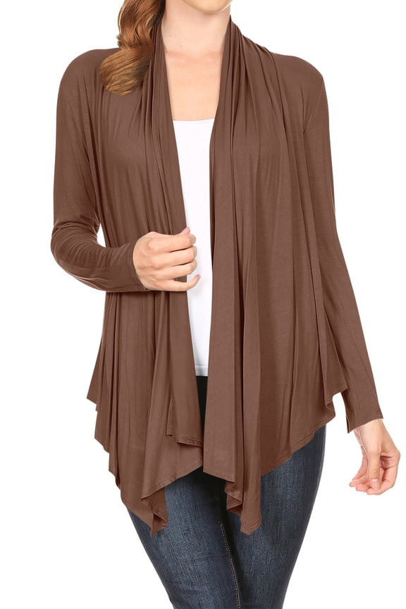 Women's Long Sleeve Draped Neck Open Front Waist Length Solid Cardigan