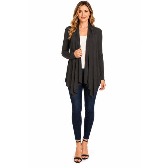Women's Long Sleeve Draped Neck Open Front Waist Length Solid Cardigan