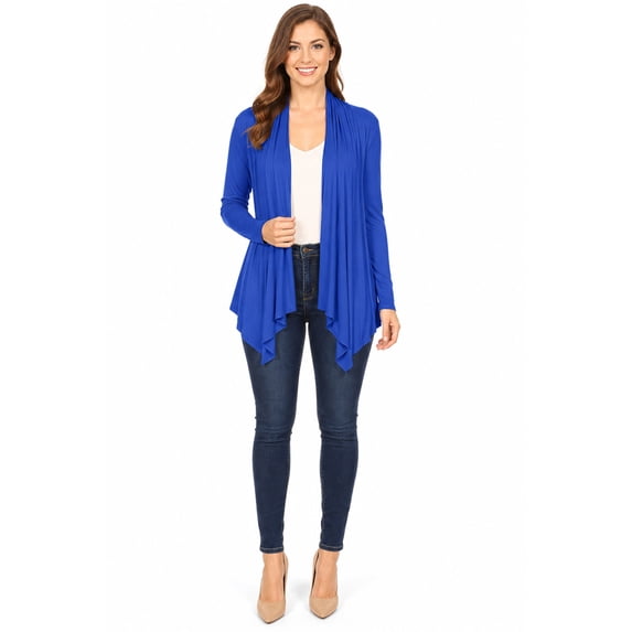 Women's Long Sleeve Draped Neck Open Front Waist Length Solid Cardigan