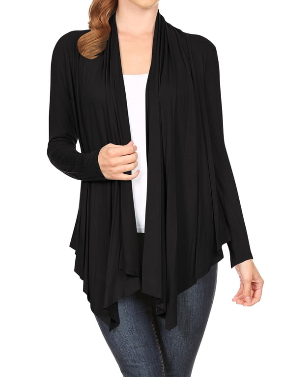 Women's Long Sleeve Draped Neck Open Front Waist Length Solid Cardigan