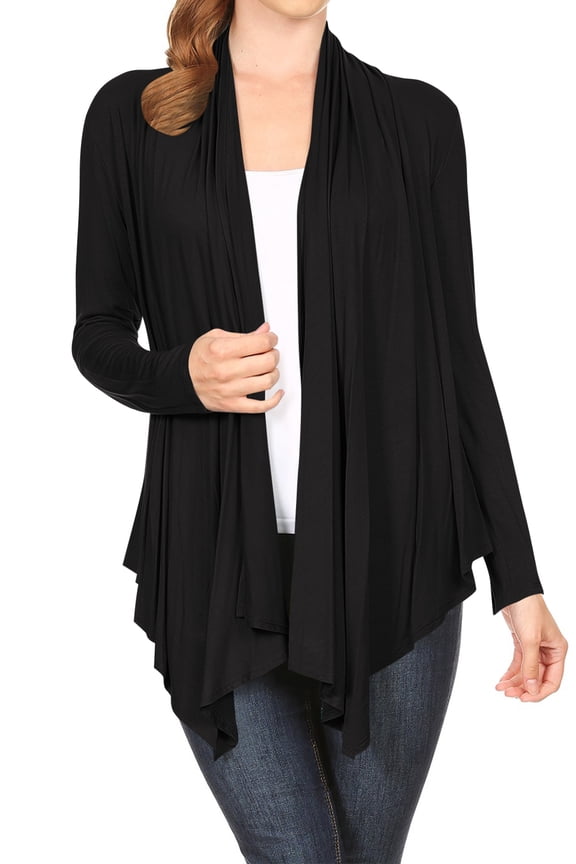 Women's Long Sleeve Draped Neck Open Front Waist Length Solid Cardigan Black 4XL