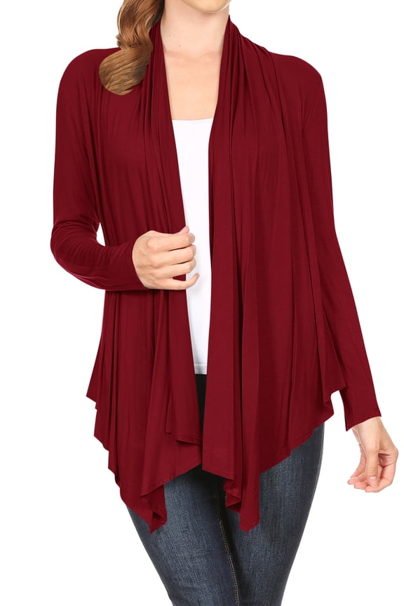 Women's Long Sleeve Draped Neck Open Front Waist Length Solid Cardigan