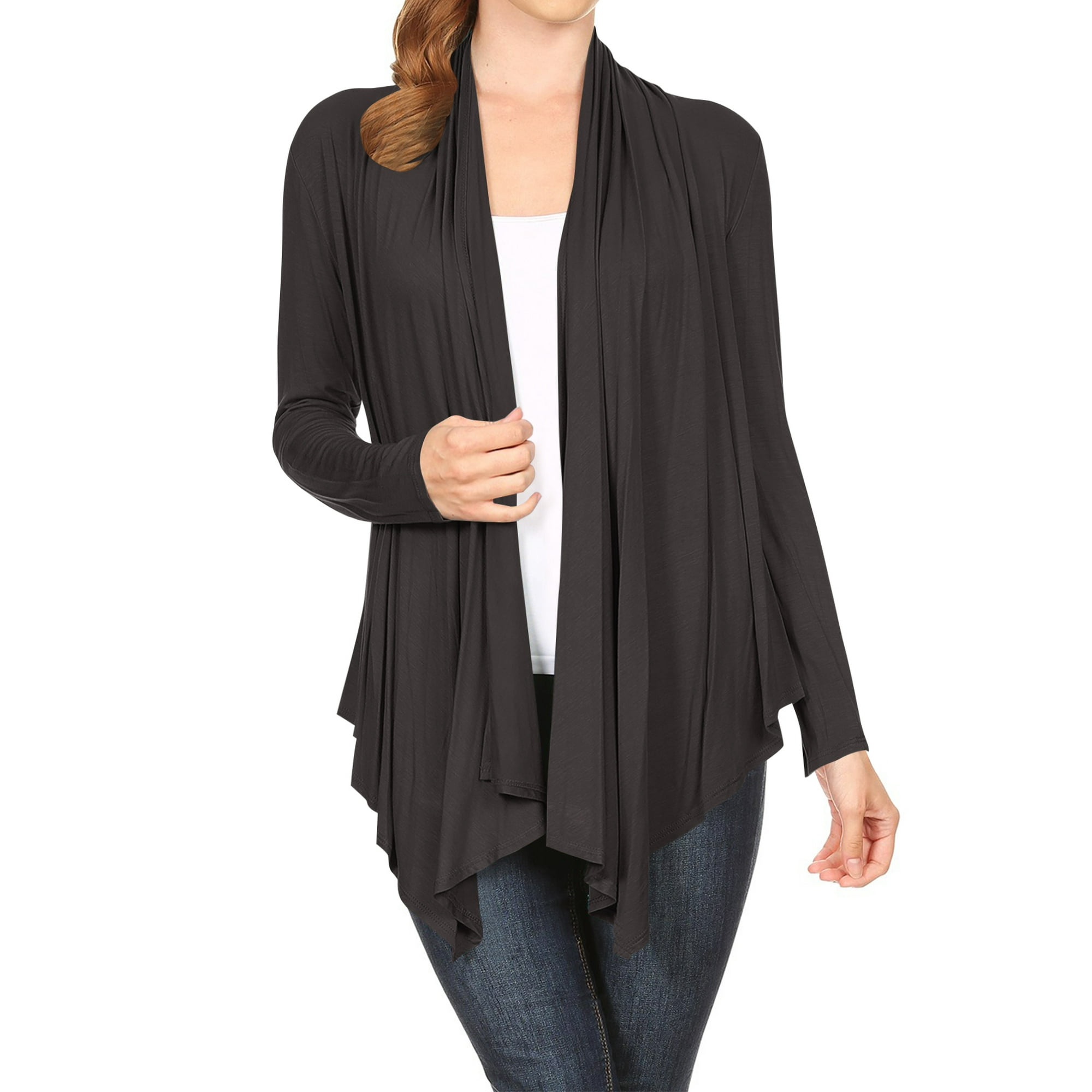 Women's Long Sleeve Draped Neck Open Front Waist Length Solid Cardigan