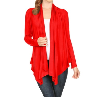 Women's Long Sleeve Draped Neck Open Front Waist Length Solid Cardigan
