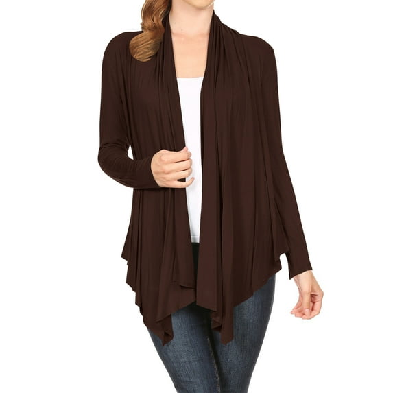 Women's Long Sleeve Draped Neck Open Front Waist Length Solid Cardigan